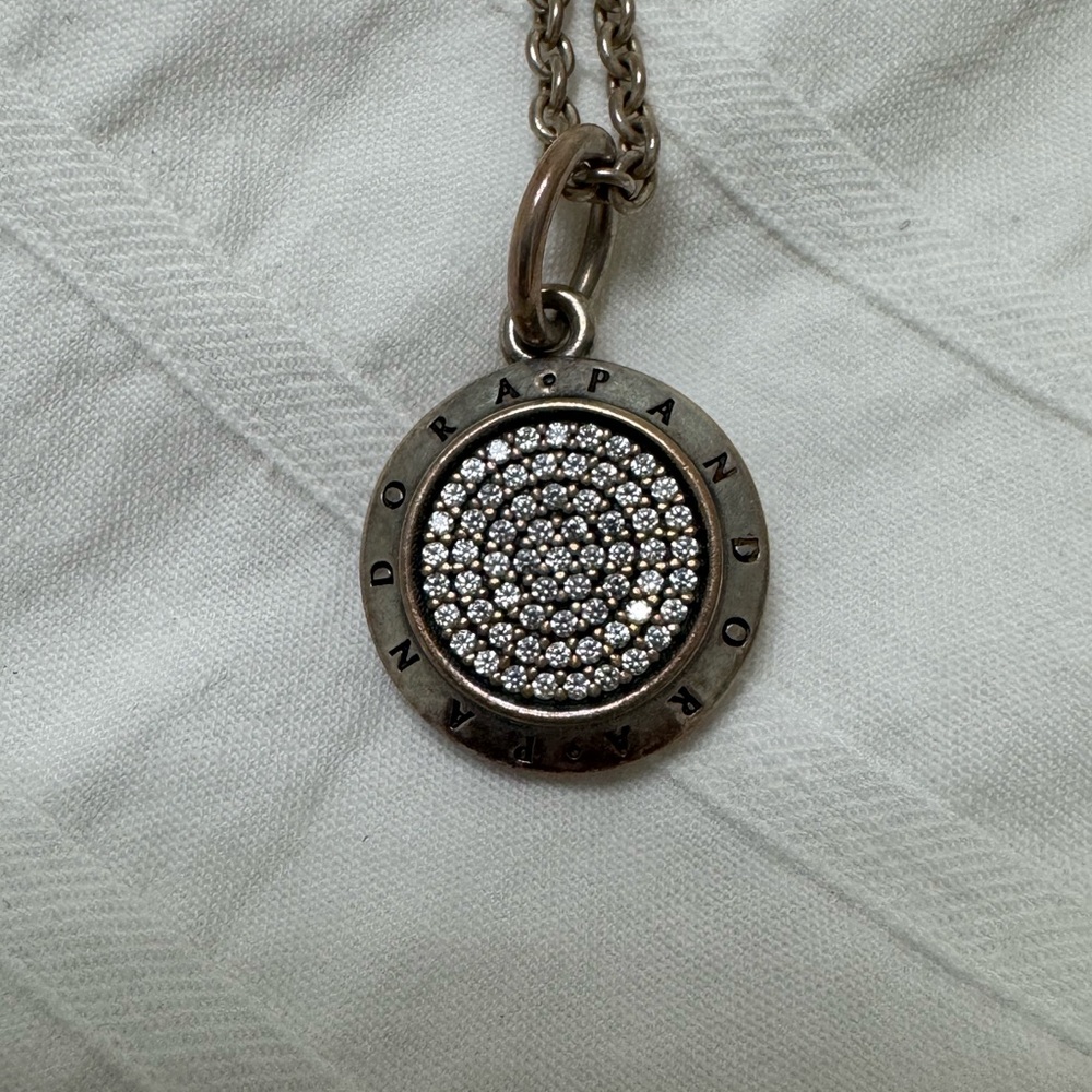 Pandora Silver-Tone Circular Pavé Pendant Necklace with Clear Crystals